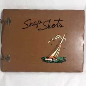 Vintage Snap Shots photograph album mid century Wood look with boat