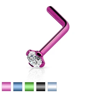 1 Pc 2mm CZ Top Titanium Plated on Surgical Steel L Shape Nose Stud Ring 20g - Picture 1 of 8