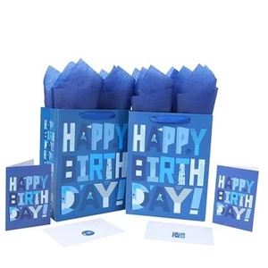 2 Pack 10.6” Medium Blue Gift Bags Set with Greeting Card and Tissue Papers - Photo 1/7