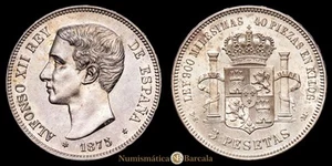 Alfonso XII. 5 Pesetas. (24.83 g.). Madrid. 1875 *18-75*. DE·M. Tester Aureo - Picture 1 of 3