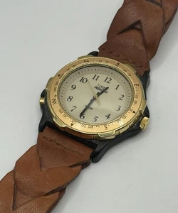 Vintage Timex Men Gold Tone Compass Bezel Indiglo Leather Band Needs Battery - Picture 1 of 7