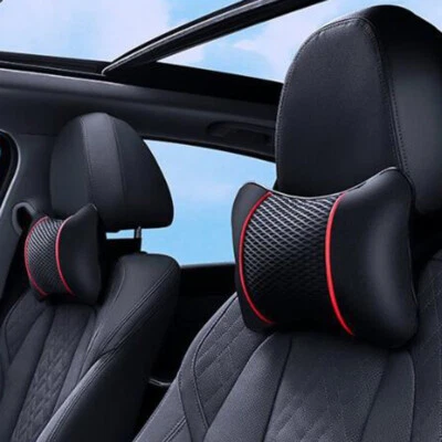 2 PIEZAS Almohadas de cuero PU negras tejidas para automóvil Reposacabezas Cojín para cuello Soporte Cojín para asiento Almohadilla Foto 1 de 4