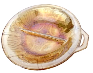 Indiana Glass Carnival Divided Relish Dish One Handle Amber Iridescent Killarney - Picture 1 of 10