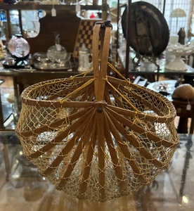 VTG 1960’s Japanese Folding Fishing Net Bamboo Basket Purse Bag Leather Closure - Picture 1 of 10