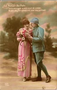 Vintage French Couple Love Romance RPPC Postcard Woman & Soldier Heart - Picture 1 of 3
