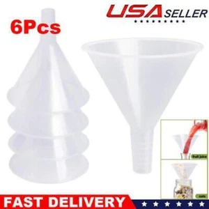6 Pack 4.6 Inch Multi-Purpose Clear Plastic Funnels with Long Reaching Spout - Picture 1 of 6