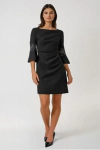 Eliza J Black Sparkle Beaded Bell Sleeve Shift Dress Ruched Front - Picture 1 of 3