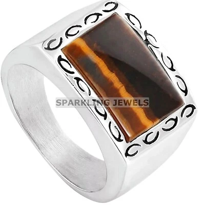 Vivid Tiger's Eye Baguette Cut With 925 Sterling Silver Ring For Men #C375 - Image 1 of 4