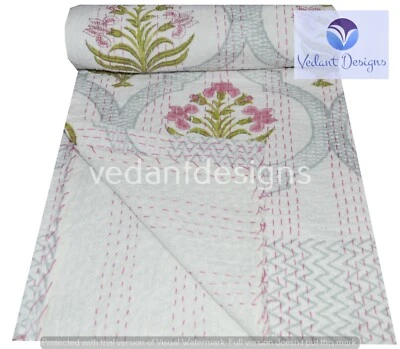 Colchas dobles hechas a mano con estampado de bloques Kantha blancas Gudri Throw Ralli Foto 1 de 4