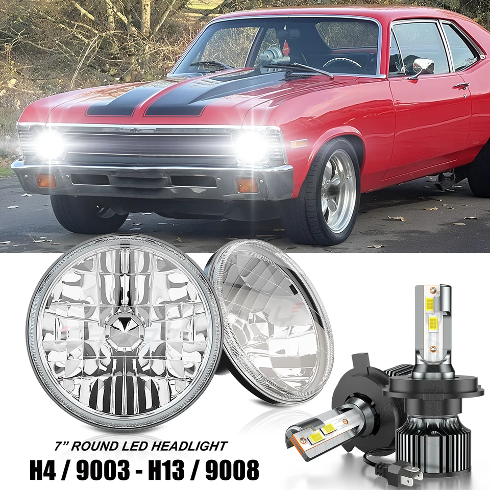 Par de faros LED de 7 pulgadas haz alto/bajo Fit Chevrolet Nova 1969 1970 1971 1972-1979 Foto 1 de 4