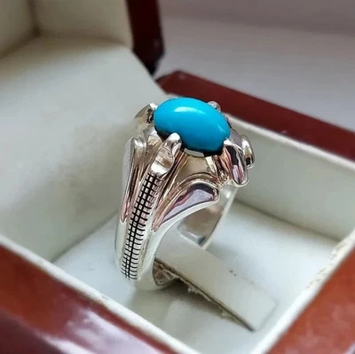 Anillo Feroza Natural, Turquesa Real Plata de Ley 925 Anillo para Hombre, Regalo para Él Foto 1 de 4