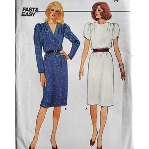 Vintage 80s Butterick Pattern 6601 Uncut Jewel V Neck Dress Puff Sleeve Sz 14 - Picture 1 of 3