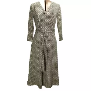 Croft & Barrow Diamond Print Tie Belt 3/4 Sleeve Midi Dress Tan Black White S - Picture 1 of 23