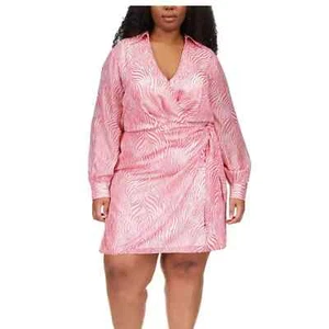 Michael Kors Womens Pink Long Sleeve Collared Zebra Print Wrap Dress Size 1X - Picture 1 of 8