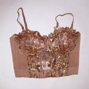 Sujetador Victoria Secret 38DD Línea Larga Lentejuelas Doradas Bling Floral Bustier Top Deshuesado Un - Imagen 1 de 8