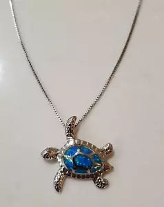 Schöner Sterling Silber 925 blauer Opal Meeresschildkröte Anhänger Halskette Adj. 18"-19" - Bild 1 von 8
