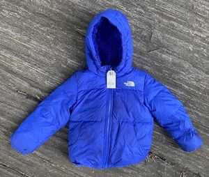 The North Face Blue 550 Down Hooded Full Zip Jacket Toddler 5T Stains - Picture 1 of 7