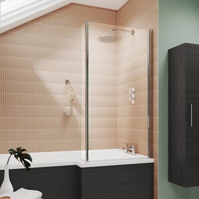 Nuie Pacific L-Shaped Polished Chrome Fixed Bath Screen Modern Bathroom Shower - Image 1 of 4