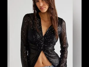 Free people shirtee sequined top long sleeve collared button down size med. NWT - Picture 1 of 24