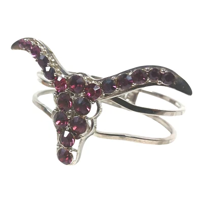 Purple Longhorn Rhinestone Spring Cuff Bracelet Western Cowgirl Bling Jewelry - Image 1 of 4