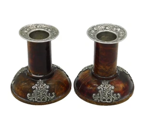 Victorian Sterling Silver Mounted Flame Mahogany Pair of Candlesticks Antique - Picture 1 of 6