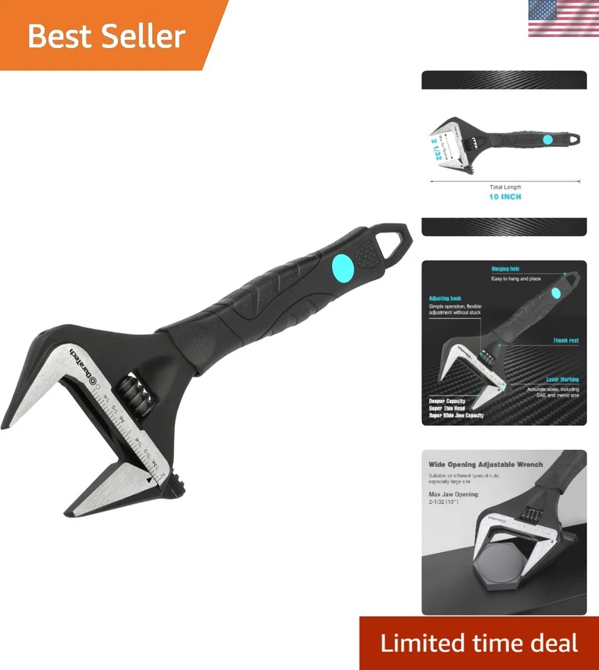 DURATECH 10-Inch Adjustable Wrench Wide Jaw Opening Black Oxide Finish Plumbi...
