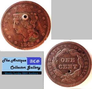 1842 US Braided Hair Liberty Head Large Cent🪙Early Copper Penny🪙Hole - Bild 1 von 6