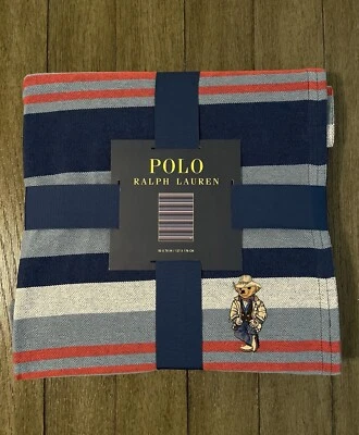 Polo Ralph Lauren Ranch COWBOY HAT BEAR Blue Stripe Cotton Throw Blanket 50 X 70 - Image 1 of 4
