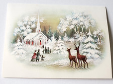 Vintage Christmas Card Glittery Winter Scene Church Deer Church Old Fashioned