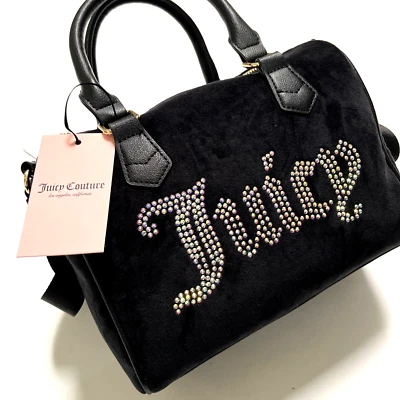 Juicy Couture Black Velour Barrel Satchel Bag Rhinestone Logo Crossbody NWT - Image 1 of 4