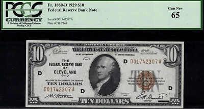 1929 $10 Federal Reserve Bank Note - Cleveland - FR.1860-D - Graded PCGS 65 - Image 1 of 2