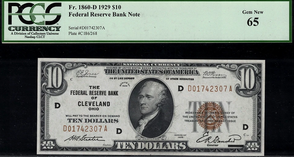 1929 $10 Federal Reserve Bank Note - Cleveland - FR.1860-D - Graded PCGS 65 - Image 1 of 2