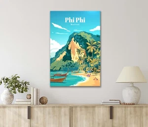 Tropical Beach with A Boat and Palm Trees 40x60cm Canvas or Metal Print Wall Art - Picture 1 of 4