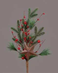 18” PINE SINGLE BRANCH SPRAY PICK WITH LARGE RUSTY STAR & RED BERRIES - Picture 1 of 1