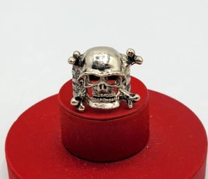 Vtg Ring Skull & Bones Biker Halloween Silver Tone Jewelry Sz Adjustable - Picture 1 of 7