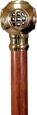 Bastón bastón de madera marrón con mango de cabeza de casco adivino de buzos de la Marina de los Estados Unidos de latón Foto 1 de 4