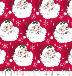 Fabric Red Christmas Vintage Santa Claus Heads Holly 100% Cotton Quilt 5/8 Yard - Picture 1 of 1
