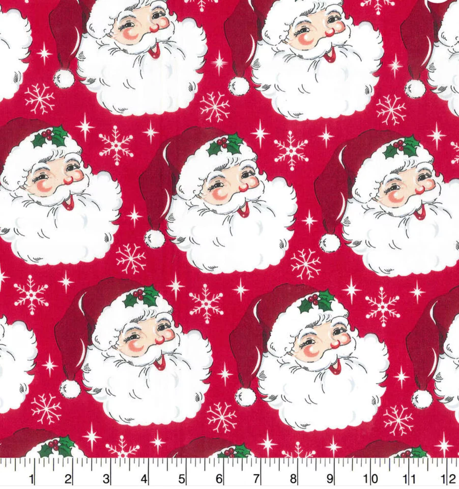 Fabric Red Christmas Vintage Santa Claus Heads Holly 100% Cotton Quilt 5/8 Yard - Image 1 of 1