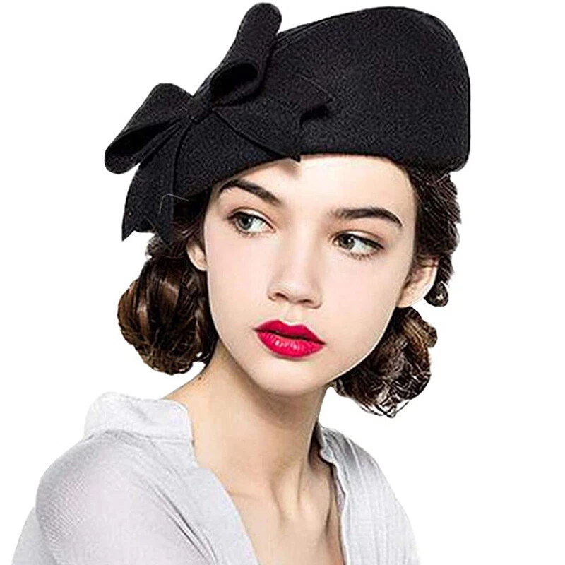 100% Wool Beanie Hat French Dress Beret Winter Hat Vintage Fascinator Hats Black - Image 1 of 4
