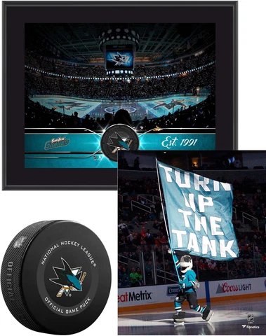 Sharks Young Collectors Bundle w/Plaque, Model Puck & UnSigned 8x10 Photo Cover