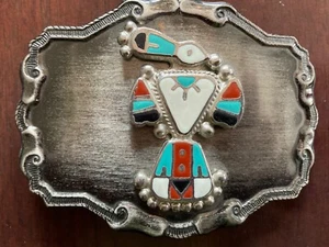 NATIVE SOUTHWEST TURQUOISE, CORAL, JET, INLAID BELT BUCKLE - Picture 1 of 3