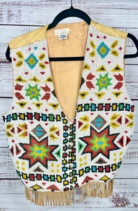Vintage Other Destination Women's Aztec Tribal Beaded Suede Fringe Silk Vest - Picture 1 of 5