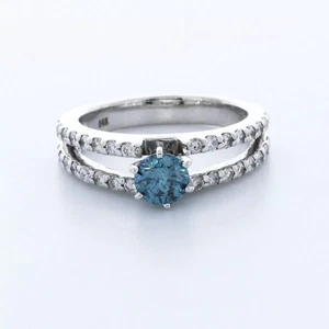 Solid 14K Gold Side Stone Engagement Ring 1.28 CT Round Natural Diamond Blue SI2 - Picture 1 of 15