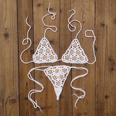 Micro Traje de baño de ganchillo a mano para mujer Mini conjunto de bikini extremadamente sexy apliques huecos Foto 1 de 4