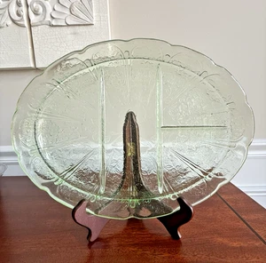 Vintage Green Cherry Blossom Divided Depression Glass Platter Jeannette Glass - Picture 1 of 6
