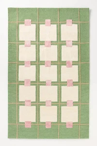 Wool Viscose Blend Tufted Area Rug Greer Geometric Handmade Green Pink Ivory Rug - Picture 1 of 3