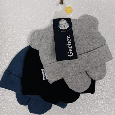 Juego de guantes Gerber Baby Hat (x3 pares) gris azul negro 0-6M orejas gorro nuevo con etiquetas Foto 1 de 4