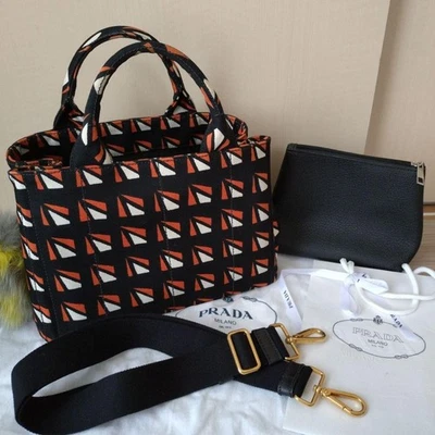 Сумка-тоут PRADA Canapa почти как новая холщовая черная оранжевая белая с геометрическим узором - Изображение 1 из 4
