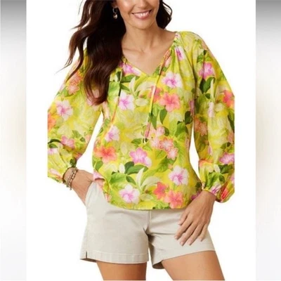 Top Tommy Bahama Para Mujer Amarillo Happy Hour Flor Algodón y Seda Talla XL Foto 1 de 4