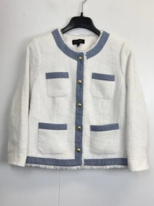 Talbots Woven Tweed Jacket White Blue Denim Trim Women’s 8 Cotton Gold Buttons - Picture 1 of 10